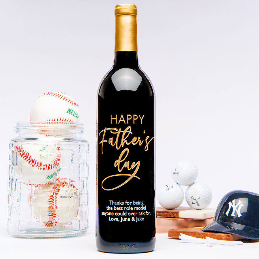 Father's Day Script text on a custom engraved wine bottle with baseball theme