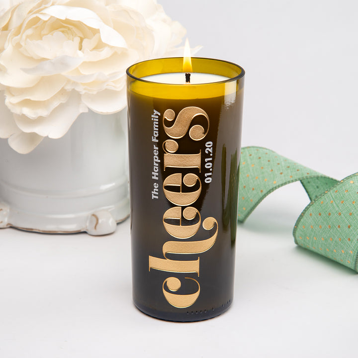 eloquent Cheers personalized custom etched candle made from recycled wine bottles