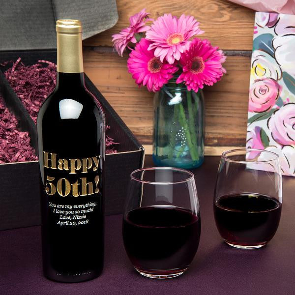 50th birthday wine glasses Eloquent Happy Birthday Gift Set 2 Glass Gift Set / Champagne / Yes (+$20)