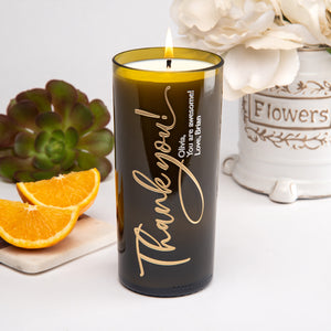 Thank you script personalized custom etched candle made from recycled wine bottles